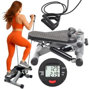 PORTENTUM Mini Stepper für Zuhause mit Widerstandsbändern und LCD-Display 5 Funktionen — Stairmaster 3-in-1 für Beine und Arme — Intensität einstellbar — Treppensteiger Fitnessgerät kompakt verstaubar