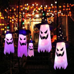 5 Stück Halloween Dekorationen, Geisterhut Hängend Outdoor Dekoration mit LED Licht, Halloween Dekoration Leuchtende Geister Hexenhut, Halloween Lichterkette Für Zuhause, Hof, Terrasse, Rasen, Garten