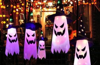5 Stück Halloween Dekorationen, Geisterhut Hängend Outdoor Dekoration mit LED Licht, Halloween Dekoration Leuchtende Geister Hexenhut, Halloween Lichterkette Für Zuhause, Hof, Terrasse, Rasen, Garten