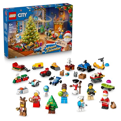 LEGO City Adventskalender 2025 – Weihnachten Spielzeug mit 24 Überraschungen – Zug, Auto & Traktor sowie 7 Minifiguren – Kalender zum Bauen – Geschenk für Jungen und Mädchen ab 5 Jahren – 60475