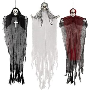 Halloween Hängedeko Skelett-Geister, 3pcs Gruselige Sensenmänner, Gruselige Haus-Fliegendeko für Garten und Hof, Halloween Deko für Draußen