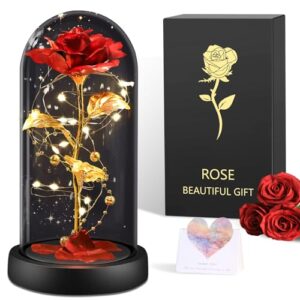 BOLEi Geschenke für Frauen,Ewige Rose im Glas mit LED(Klassisch Rot Rose)