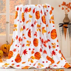 Halloween Kürbis Decke 130*150cm,Herbst Kürbis Plüsch-Flanell Decke,Thanksgiving Ahornblätter Decken,Thanksgiving Ahornblätter Decken für Kinder,Herbst-Kürbisdecke für Wohnzimmer Couch Bett Stuhl,Weiß