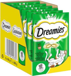 DREAMIES Katzensnacks – 6x60g – mit Katzenminze – Traumhaft knusprige Katzen Leckerlies mit zarter Füllung