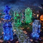 JOYIN Halloween Leucht-Grabsteine ​​aus Schaumstoff, 5er-Set mit LED-Lichtleisten (3 lila & 2 grüne), gruselige Friedhofs- und Gartendekoration für den Außenbereich, Spukhaus, Rasen und Partys