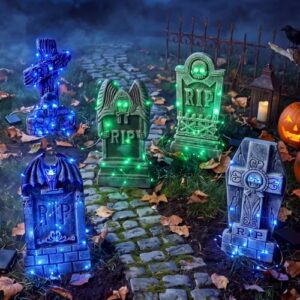 JOYIN Halloween Leucht-Grabsteine aus Schaumstoff, 5er-Set mit LED-Lichtleisten (3 lila & 2 grüne), gruselige Friedhofs- und Gartendekoration für den Außenbereich, Spukhaus, Rasen und Partys