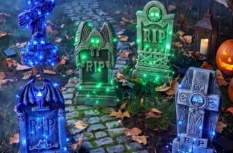 JOYIN Halloween Leucht-Grabsteine ​​aus Schaumstoff, 5er-Set mit LED-Lichtleisten (3 lila & 2 grüne), gruselige Friedhofs- und Gartendekoration für den Außenbereich, Spukhaus, Rasen und Partys