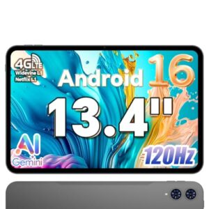 TECLAST Tablet 13.4 Zoll 120Hz Display Android 16 Gaming Tablets, 4G LTE Dual SIM, 48GB RAM+128GB ROM(4TB TF), Widevine L1/13MP/GPS, Gemini AI Tablets mit USBC Anschluss für Streaming, Filme