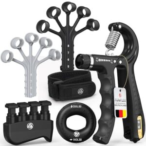 FUNFLEX Handtrainer Fingertrainer, Verstellbares Griffkraft Trainer Set -5-Teilig- Unterarmtrainer, Fingerstrecker Neopren Handgelenk Band – Finger Grifftrainer – Grip Ring, Hand & Unterarm Training