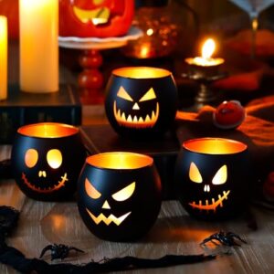 Kerzenhalter für Innen Halloweendeko, 4er Set Teelichtgläser mit Kürbisfratzen-Lasergravur – Schwarz Gold Halloween Dekoration – – Gruselige Deko für Party, Tisch, Garten