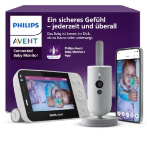 Philips AVENT Connected Babyphone mit Kamera und WLAN, hochwertiger HD-Kamera, Infrarot-Nachtsichtfunktion, Schrei-Erkennung, Gegensprechfunktion, DEKRA Zertifiziert privat und sicher, SCD951/26