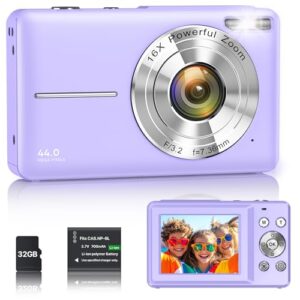 Digitalkamera 1080P 44MP Vlogging Kamera für Kinder Jugendliche, FHD Kompaktkamera Fotokamera mit 2,4″ Bildschirm 16X Zoom, Anti-Shake Minikamera für Anfänger Studenten Jungen Mädchen-Lila