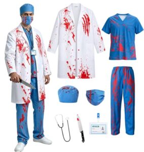 Zombie Arzt Herren Halloween Kostüm：Erwachsene Doktor Blutiger Kostüm Chirurg Horror mit Arztkittel Doktorhut, Arztmaske, Oberteil, Hose Stethoskop und Arztausweis für Halloween Karneval Party Cosplay