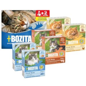 Bozita Tetra Probierpaket in Sauce mit viel Huhn, Saibling & mit viel Huhn & Rind in Gelee – 4+2-6x370g Getreide- & zuckerfreies Futter für sterilisierte Katzen, mit 7,5% Protein und 5% Fettgehalt