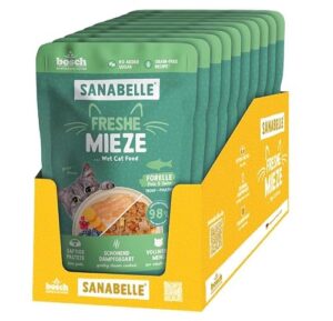 Sanabelle Freshe Mieze – Forelle, Pute und Huhn, 10 x 100 g Beutel voll recyclingfähig, Dampfgegartes Nassfutter für Katzen, Katzenfutter wie frisch gekocht, Eine Marke von Bosch Tiernahrung