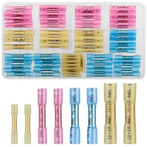 QOOSIKICC 100 Stück10-26 AWG Schrumpfverbinder, Wasserdichte Kabelverbinder Quetschverbinder Set, Stoßverbinder Kabelschuhe, Lötverbinder Sortiment Set – Gelb, Rosa, Blau