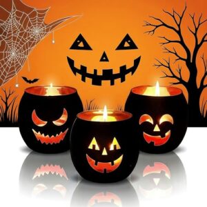 Kerzenhalter für Halloweendeko, 3 Stück Halloween Teelichthalter, Jack O Laterne, Teelichthalter, Schwarz Windlicht Glas mit Gravur, Halloween Deko für Tischdeko, Dekoration des Kamins