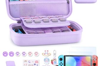 innoAura Switch Tasche für NS Switch 18 in 1 Switch Zubehör mit Switch Hülle, Switch Hülle, Switch Spiele Aufbewahrung, Switch Schutzfolie, Switch Ständer, Switch Joystick Kappen (Lila)