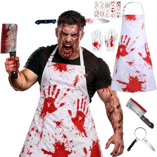 Halloween Kostüm Metzger Kostüm Herren Damen Gruselig-Einstellbar Blutige Schürze S-XL,Haarreif,Tattoos,Handschuhe,Horror Kostüm Set für Erwachsene partnerlook,Gruselige Verkleidung Party Karneval