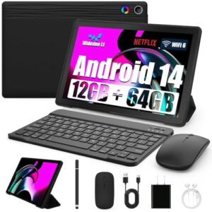 Yicty Android 14 Tablet mit 10,1 Zoll, 12 GB RAM + 64 GB Speicher, Octa-Core-Prozessor, enthält Tastatur, Schutzhülle, Maus, Eingabestift, Wi-Fi 6 und Bluetooth 5.0, Dual-Kamera