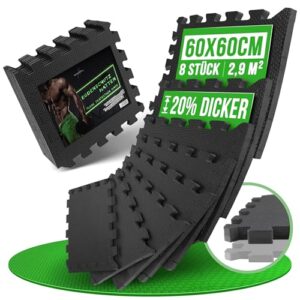 AthleticPro Bodenschutzmatte Sets mit [30x30cm] oder [60x60cm] extra dicke Bodenmatten [20% mehr Schutz] – Rutschfeste Schutzmatten für Fitnessraum (60×60 | 8 Stk | 2,9 M²)