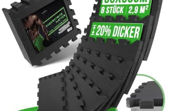 AthleticPro Bodenschutzmatte Sets mit [30x30cm] oder [60x60cm] extra dicke Bodenmatten [20% mehr Schutz] – Rutschfeste Schutzmatten für Fitnessraum (60×60 | 8 Stk | 2,9 M²)