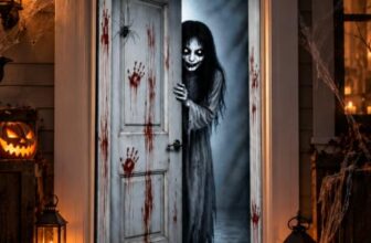 Halloween Türdeko 180 x 90 cm, gruseliger Türvorhang mit Geisterfrau，C