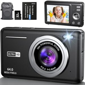 Digitalkamera, AutoFocus 4K 64MP Fotokamera 16X Digitalzoom Fotoapparat mit 32 GB SD Karte, 2,8″ Großem Bildschirm Kompaktkamera Digital Kamera für Teenager Erwachsene Anfänger (Schwarz)