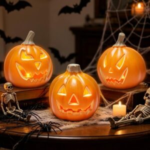3 Stück Halloween Deko Kürbis Outdoor, Led Herbstdeko Kürbis Windlicht