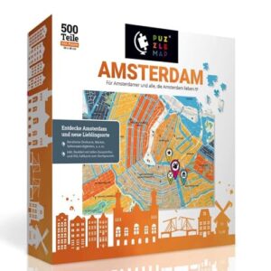 PuzzleMap Amsterdam Puzzle Stadtplan – XXL 500 Teile – Mit Booklet & Faltkarte – 68x48cm Motivgröße – Reiseführer Geschenk Souvenir