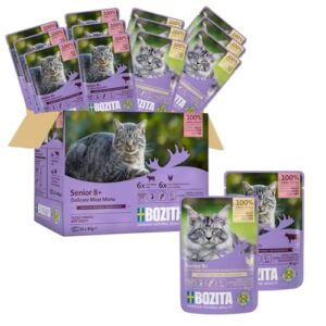 Bozita Nassfutter Senior 8+ Multibox – Häppchen in Sauce mit Fleisch – 12x85g Portionsbeutel getreidefreies & weizenfreies Mixpack – Katzenfutter mit 8,5% Protein & 4,5% Fett