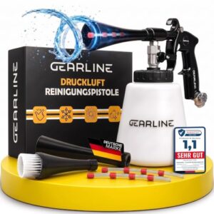 GEARLINE® Druckluft Reinigungspistole [mit Wirbelstrahl-Technik] – effektive Luftdruckpistole für Autoreinigung & mehr – All-in-One-Set mit Druckluftpistole, 1Liter Wassertank & 2 Düsen-Aufsätzen