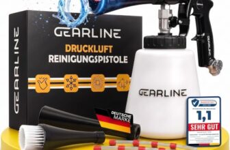 GEARLINE® Druckluft Reinigungspistole [mit Wirbelstrahl-Technik] – effektive Luftdruckpistole für Autoreinigung & mehr – All-in-One-Set mit Druckluftpistole, 1Liter Wassertank & 2 Düsen-Aufsätzen