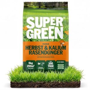 SUPERGREEN Herbst- & Kalium-Rasendünger | 5 kg für 250m² | Langzeit bis 100 Tage | NPK 5-10-22 für winterharten Rasen | Stärkt Frostresistenz & Zellstruktur | Nitratfrei & Granulat (2-5 mm)