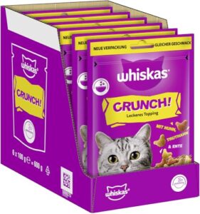 WHISKAS Crunch Katzensnacks Huhn, Pute & Ente 6 x 100g – Leckere Snacks mit Huhn, Pute und Ente