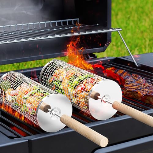 ivtivfu Nestbarer Rollender Grillkorb, Grill Zubehör, Geschenke für Männer | Abnehmbarer Holzgriff, Edelstahl 304, Outdoor Gasgrill, Garten Camping Gadgets für Gemüse, Geburtstagsgeschenk für Papa
