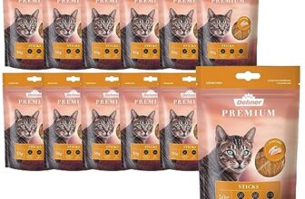 Dehner Premium Katzensnack, Leckerli getreidefrei / zuckerfrei, für ausgewachsene / sensible Katzen, Hähnchenfleisch-Sticks, 12 x 50 g (600 g)