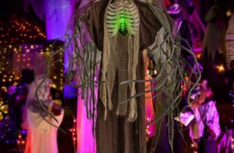 COSTWAY 175 cm Halloween Kürbis Skelett Deko, gruselig & soundaktiviert