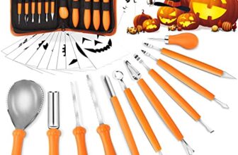 Alintor Kürbis Schnitzset, 11 Stück Schnitzwerkzeug Kürbis, Kastanienbohrer Kinder, Kürbis Schnitzset Kinder, Halloween Schnitzen Set (10 Vorlagen)