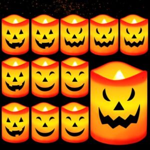 CIOXSOIO 12 Stück Led Kerzen Halloween, Flammenlose Kürbis Led Teelichter, Halloween Deko Led Stumpenkerzen, kerzen batteriebetrieben für Tischdeko, Dekorationen Innen Außen, Party