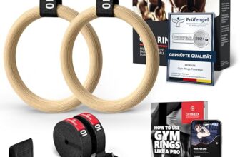 BeMaxx Turnringe Holz Gym Rings + Türanker & Trainings-eBook – Olympische Gymnastik Holzturnringe & Gurte + Markierungen | Turnerringe Gymnastikringe Fitness Ringe Workout Sport | Männer Frauen