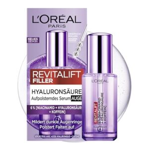 L’Oréal Paris Augenserum für Frauen: sorgt für eine aufgepolsterte Augenpartie und weniger dunkle Augenringemit 2,5% [Hyaluronsäure+Koffein], Revitalift Filler, 1x 20ml