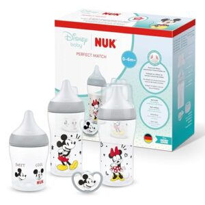 NUK Perfect Match Babyflaschen & Schnuller Geschenkset für Neugeborene | 0–6 Monate | 3 x Anti-Kolik-Flaschen (150 ml, 260 ml), 1 x Perfect Match Air Schnuller | Disney Micky Maus | 4 Stück