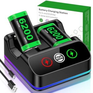2X 6200 mWh Akku für Xbox One/Series S/X Controller, Ladestation mit coolem RGB-Licht, wiederaufladbares Akkupack kompatibel mit Xbox Series X|S Xbox One S/X/Elite Wireless Controller