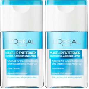 L’Oréal Paris Make-Up Entferner, Gesichtsreinigung speziell für langanhaltendes und wasserfestes Augen- und Lippen Make-up, Für empfindliche Augen geeignet, 1 x 125ml (Packung mit 2)