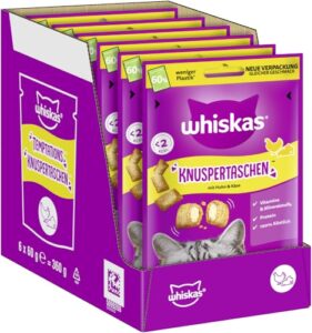 WHISKAS Knuspertaschen Katzensnacks Huhn & Käse 6 x 60g – Snacks mit Huhn und Käse für Katzen