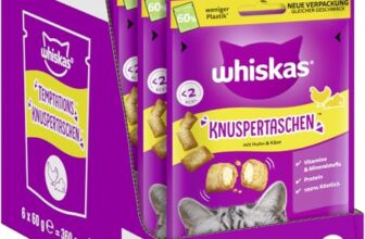 WHISKAS Knuspertaschen Katzensnacks Huhn & Käse 6 x 60g – Snacks mit Huhn und Käse für Katzen