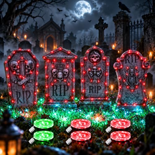 Maxee 4 Stück Halloween Glühendes Grabsteine Deko mit 6 Stück 3 Meter Lichterkette, Wasserdichtes Grabstein Schilde, Außen Dekoration Set für Rasenhof Hinterhof Haunted Friedhof Zombie Grün und Rot