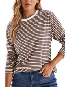 Cicy Bell Damen Gestreift Langarmshirt Rundhals Oberteil,Braun,S