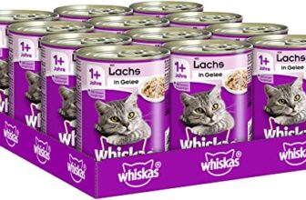 Whiskas Katzenfutter Nassfutter Adult 1+ mit Lachs in Gelee, 12 Dosen (12 x 400g)
